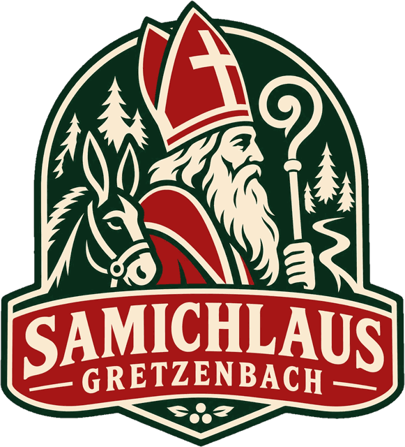 Logo Samichlaus Gretzenbach: Samichlaus mit Mitra und Bischofsstab, daneben ein Esel
